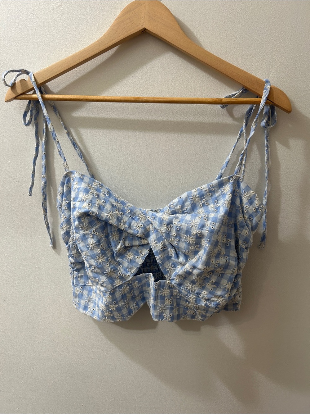 Jacqui E Blue Gingham Eyelet Tie-Shoulder Two Piece Set